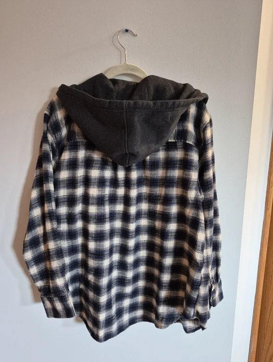American Eagle Hooded Flannel Long Sleeve Button Up Shirt Blue Off White Size XL - Picture 3 of 5
